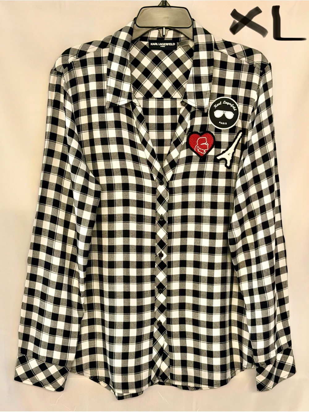 Karl Lagerfeld Black & White Gingham Button-Down Shirt with Decorative Patches